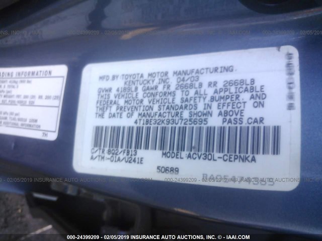 4T1BE32K93U725695 - 2003 TOYOTA CAMRY LE/XLE/SE BLUE photo 9