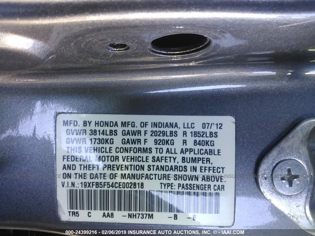 19XFB5F54CE002818 - 2012 HONDA CIVIC NATURAL GAS GRAY photo 9