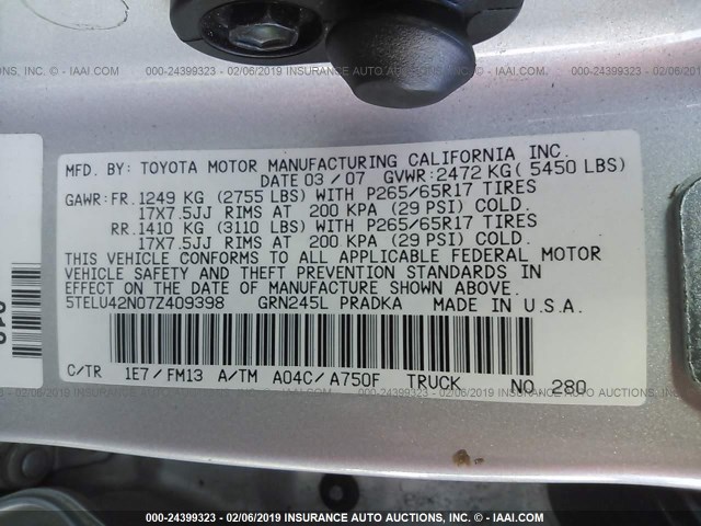 5TELU42N07Z409398 - 2007 TOYOTA TACOMA DOUBLE CAB 银色 照片 9