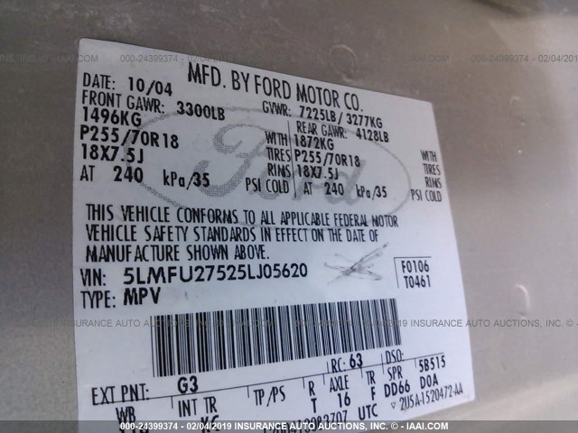 5LMFU27525LJ05620 - 2005 LINCOLN NAVIGATOR Or photo 9