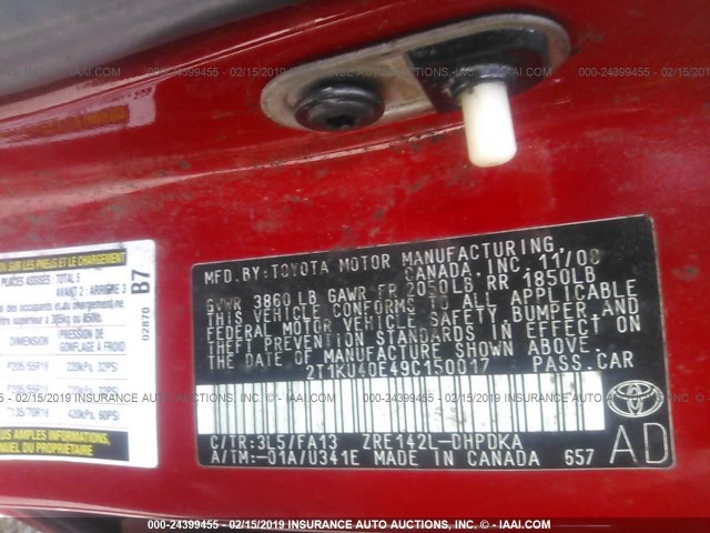 2T1KU40E49C150017 - 2009 TOYOTA COROLLA MATRIX  RED photo 9