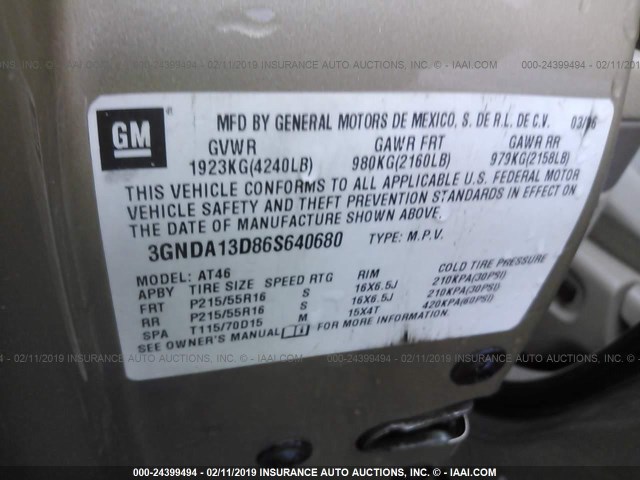 3GNDA13D86S640680 - 2006 CHEVROLET HHR LS Dorado foto 9