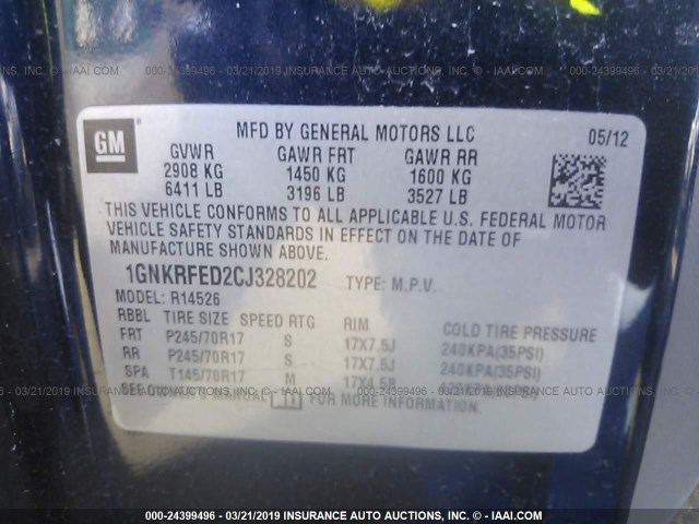 1GNKRFED2CJ328202 - 2012 CHEVROLET TRAVERSE LS Dark Blue photo 9