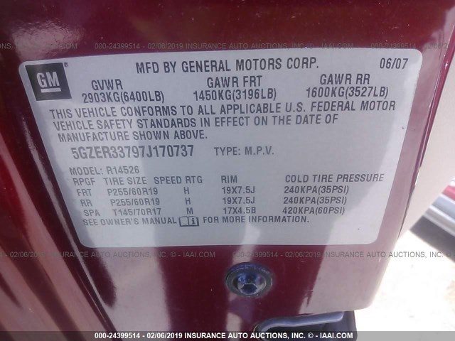 5GZER33797J170737 - 2007 SATURN OUTLOOK SPECIAL წითელი ფოტო 9