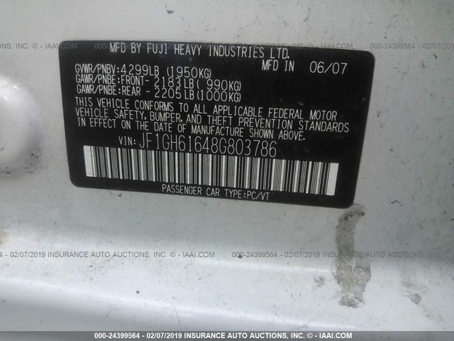 JF1GH61648G803786 - 2008 SUBARU IMPREZA 2.5I WHITE photo 9