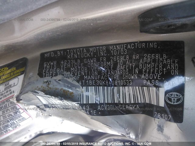 4T1BE30K84U810533 - 2004 TOYOTA CAMRY LE/XLE/SE GOLD photo 9