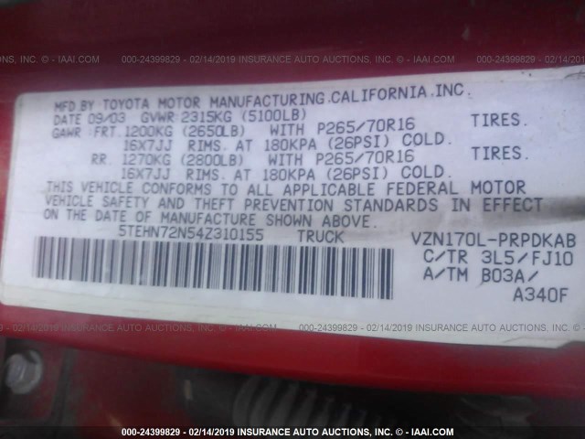 5TEHN72N54Z310155 - 2004 TOYOTA TACOMA DOUBLE CAB 红色 照片 9
