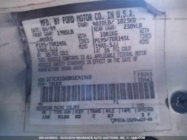 1FTCR10A0KUC41960 - 1989 FORD RANGER WHITE photo 9