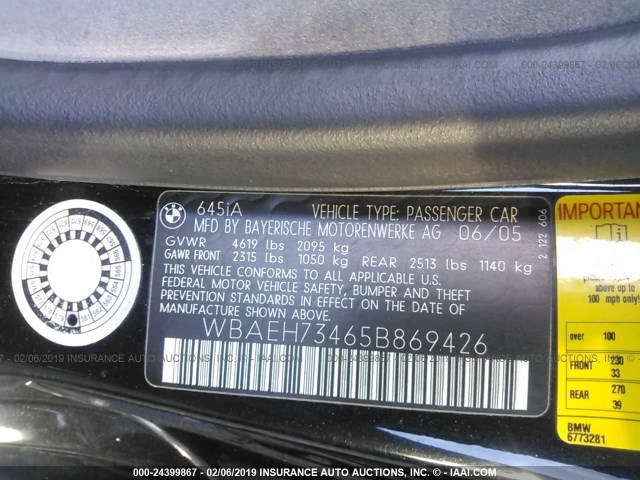 WBAEH73465B869426 - 2005 BMW 645 CI AUTOMATIC BLACK photo 9