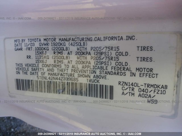 5TENL42N44Z339685 - 2004 TOYOTA TACOMA WHITE photo 9