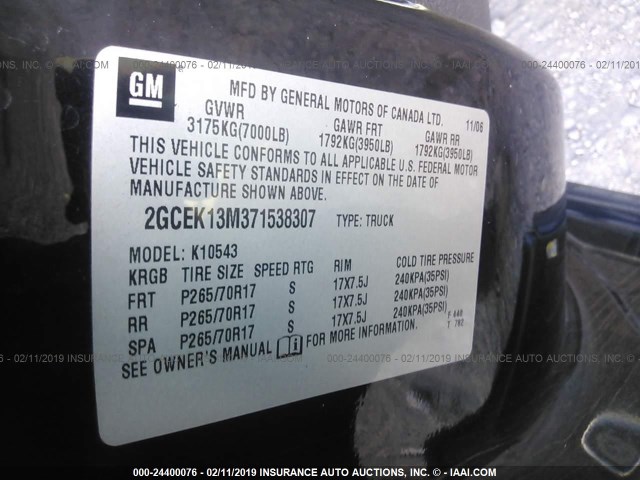 2GCEK13M371538307 - 2007 CHEVROLET SILVERADO K1500 CREW CAB BLACK photo 9