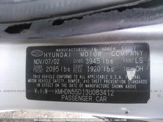 KMHDN55D13U083412 - 2003 HYUNDAI ELANTRA GLS/GT SILVER photo 9