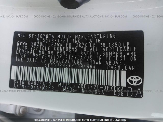 5YFBURHEXHP594664 - 2017 TOYOTA COROLLA L/LE/XLE/SE/XSE WHITE photo 9