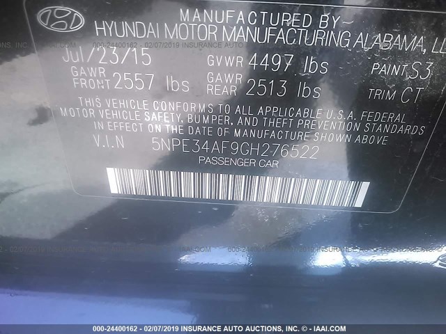 5NPE34AF9GH276522 - 2016 HYUNDAI SONATA SPORT/LIMITED BLACK photo 9