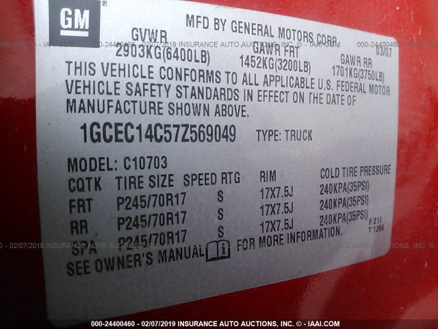 1GCEC14C57Z569049 - 2007 CHEVROLET SILVERADO C1500 RED photo 9