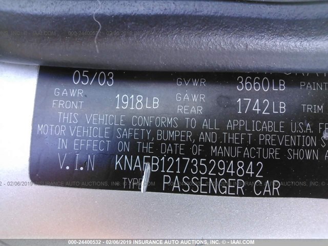 KNAFB121735294842 - 2003 KIA SPECTRA LS SILVER photo 9