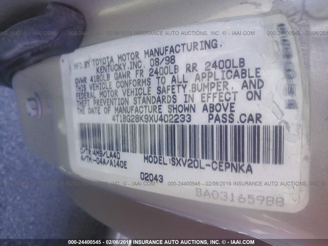 4T1BG28K9XU402233 - 1999 TOYOTA CAMRY CE/LE/XLE 棕色 照片 9