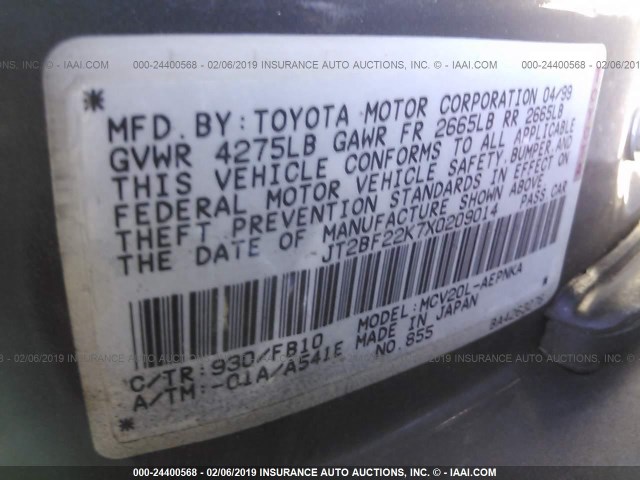 JT2BF22K7X0209014 - 1999 TOYOTA CAMRY LE/XLE 灰色 照片 9