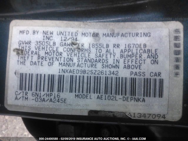 1NXAE09B2SZ261342 - 1995 TOYOTA COROLLA LE/DX BLUE photo 9