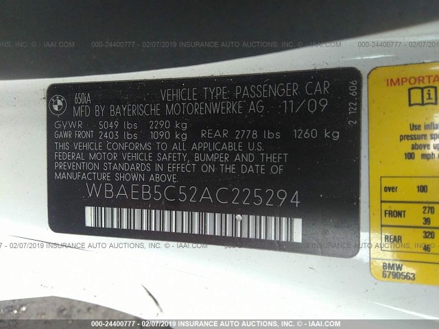 WBAEB5C52AC225294 - 2010 BMW 650 I WHITE photo 9