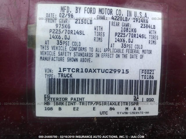 1FTCR10AXTUC29915 - 1996 FORD RANGER RED photo 9