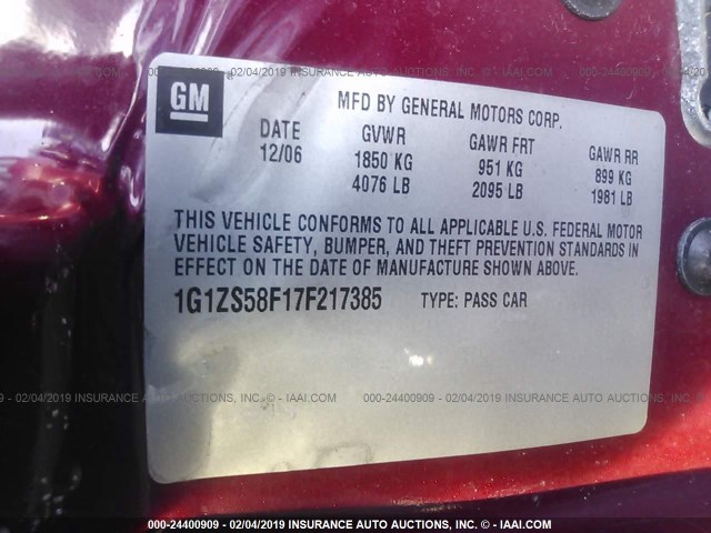 1G1ZS58F17F217385 - 2007 CHEVROLET MALIBU LS RED photo 9