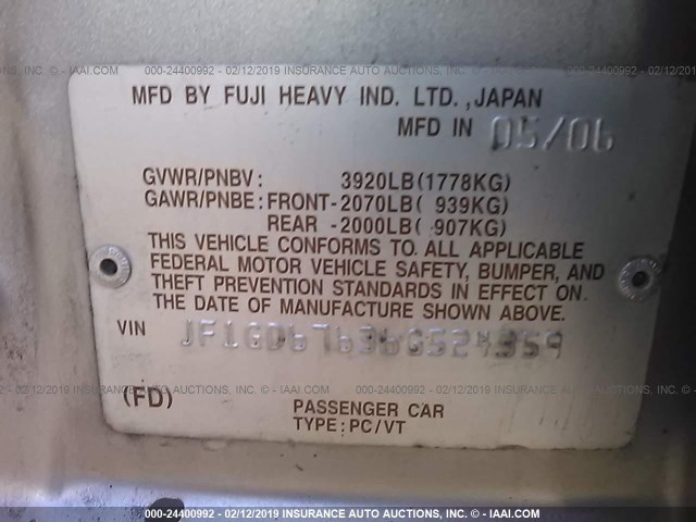 JF1GD67636G524359 - 2006 SUBARU IMPREZA 2.5I SILVER photo 9