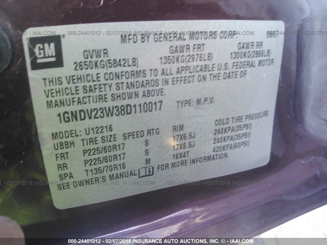 1GNDV23W38D110017 - 2008 CHEVROLET UPLANDER LS MAROON photo 9