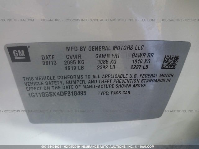 1G11G5SX4DF318495 - 2013 CHEVROLET MALIBU 3LT თეთრი ფოტო 9