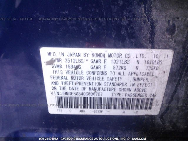 JHMGE8G34CC006707 - 2012 HONDA FIT BLUE photo 9