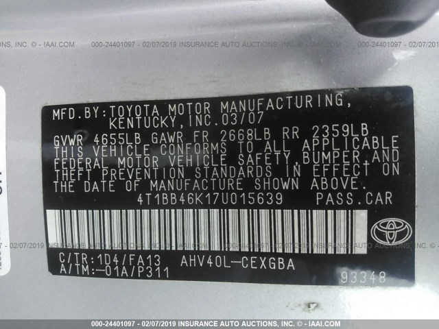 4T1BB46K17U015639 - 2007 TOYOTA CAMRY NEW GENERAT HYBRID SILVER photo 9