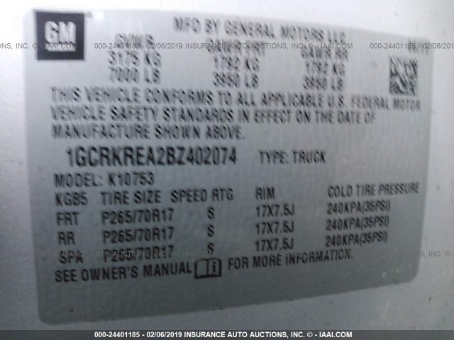 1GCRKREA2BZ402074 - 2011 CHEVROLET SILVERADO K1500 LS SILVER photo 9