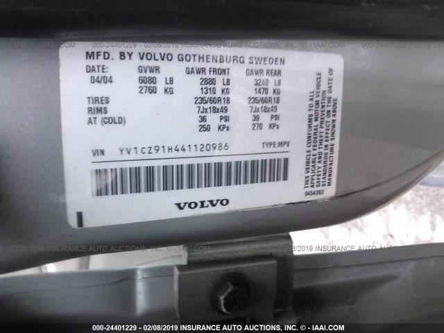 YV1CZ91H441120986 - 2004 VOLVO XC90 T6 SILVER photo 9