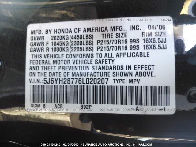 5J6YH28776L020207 - 2006 HONDA ELEMENT EX BLACK photo 9