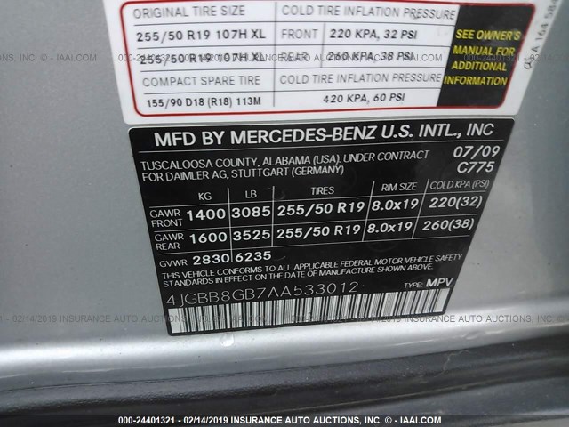 4JGBB8GB7AA533012 - 2010 MERCEDES-BENZ ML 350 4MATIC SILVER photo 9