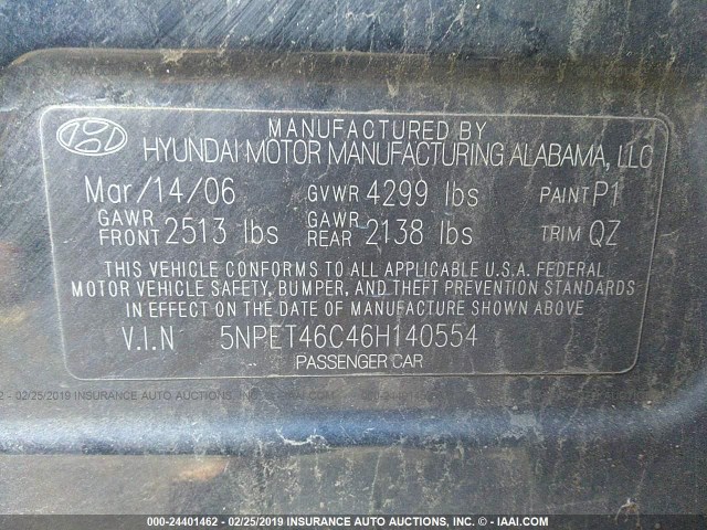 5NPET46C46H140554 - 2006 HYUNDAI SONATA GL BLUE photo 9