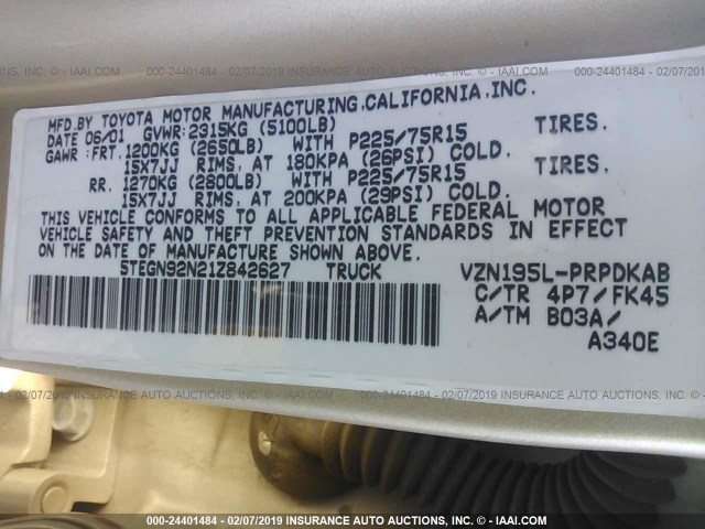 5TEGN92N21Z842627 - 2001 TOYOTA TACOMA DOUBLE CAB PRERUNNER GOLD photo 9