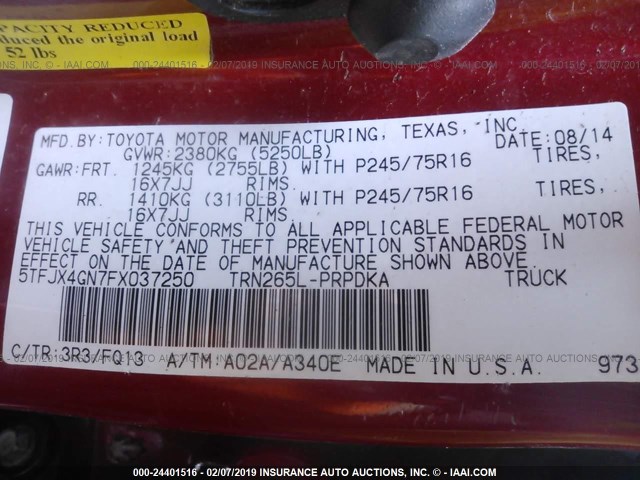 5TFJX4GN7FX037250 - 2015 TOYOTA TACOMA DOUBLE CAB PRERUNNER RED photo 9