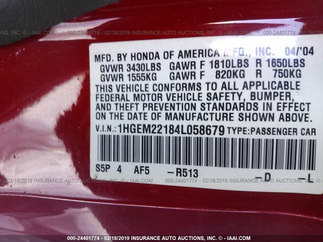 1HGEM22184L058679 - 2004 HONDA CIVIC DX VP RED photo 9
