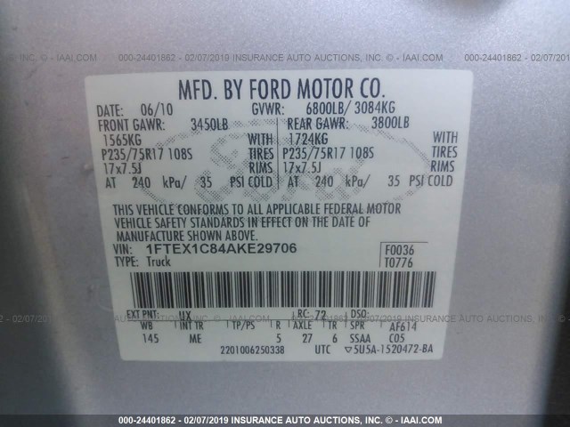 1FTEX1C84AKE29706 - 2010 FORD F150 SUPER CAB SILVER photo 9