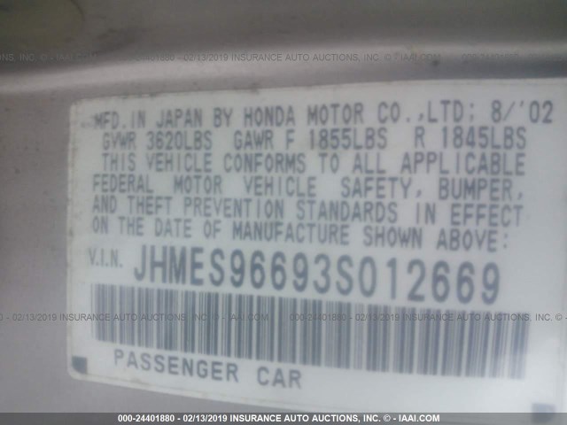 JHMES96693S012669 - 2003 HONDA CIVIC HYBRID BLACK photo 9