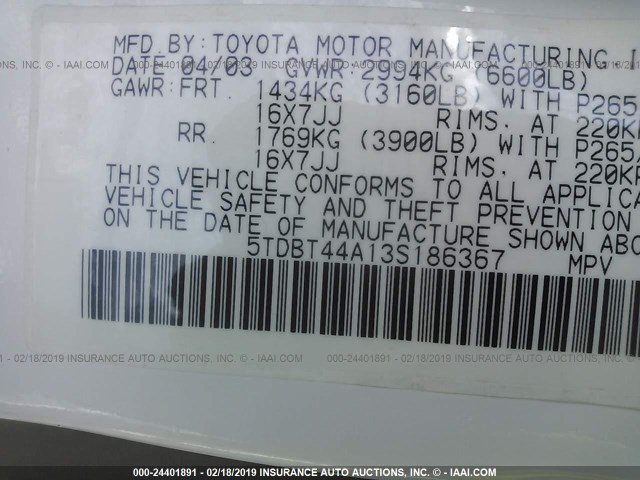 5TDBT44A13S186367 - 2003 TOYOTA SEQUOIA SR5 WHITE photo 9