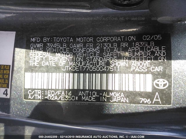 JTKDE177050047511 - 2005 TOYOTA SCION TC 灰色 照片 9