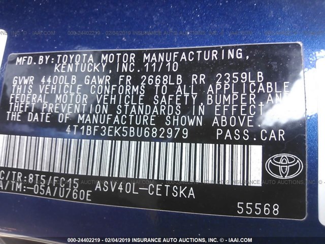 4T1BF3EK5BU682979 - 2011 TOYOTA CAMRY SE/LE/XLE BLUE photo 9