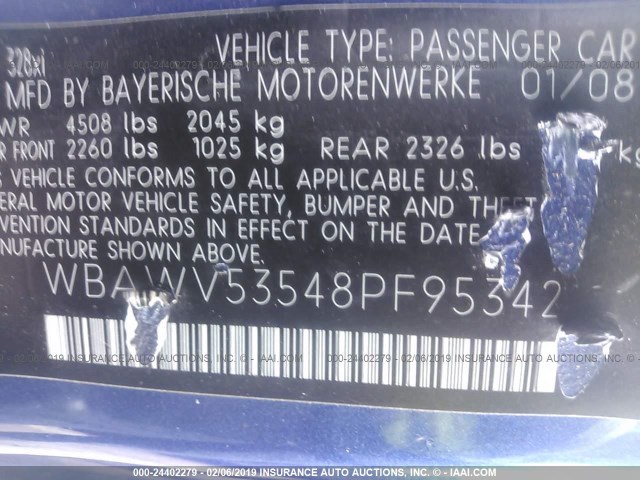 WBAWV53548PF95342 - 2008 BMW 328 XI SULEV BLUE photo 9