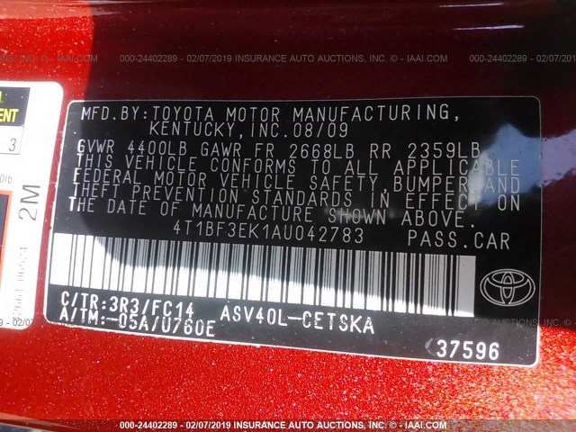 4T1BF3EK1AU042783 - 2010 TOYOTA CAMRY SE/LE/XLE RED photo 9