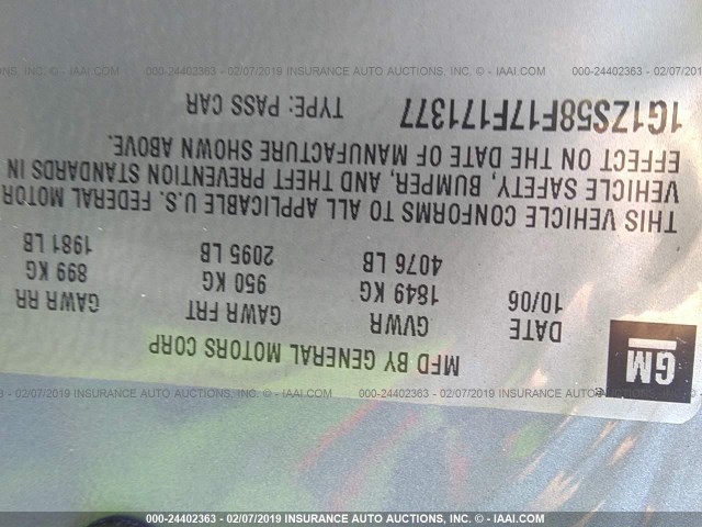 1G1ZS58F17F171377 - 2007 CHEVROLET MALIBU LS BLUE photo 9