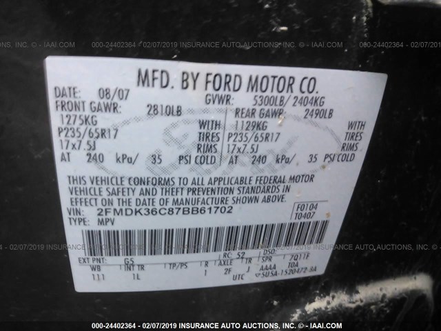 2FMDK36C87BB61702 - 2007 FORD EDGE SE BLACK photo 9