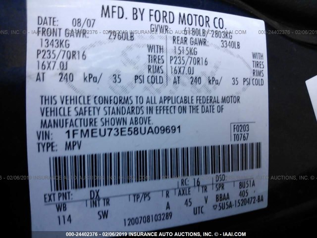 1FMEU73E58UA09691 - 2008 FORD EXPLORER XLT BLUE photo 9