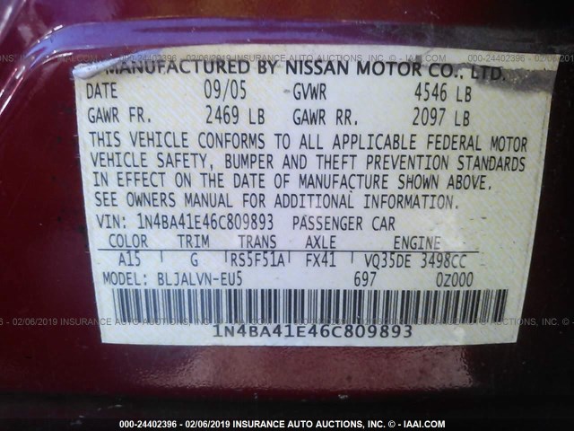 1N4BA41E46C809893 - 2006 NISSAN MAXIMA SE/SL BURGUNDY photo 9